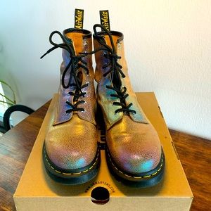Dr.Martens Rainbow Ray gold boots with pebbled leather.
